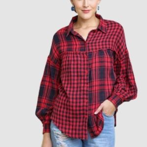 Umgee Red Plaid Button Down Oversized Top Women's Size Medium